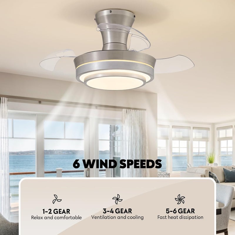 APBEAMLighting Retractable Small Led Ceiling Fan with Light and Remote 28 Inch Low Profile Brushed Nickle Modern Fandelier for Bedroom Living Room Dimmable 6 Speed Reversible Smart Ceiling Fan - Image 3